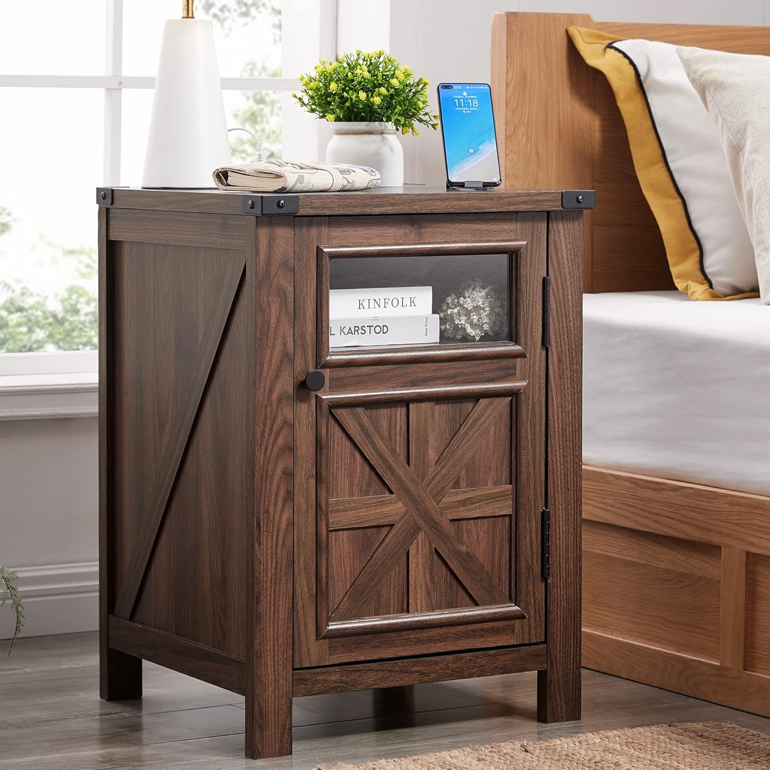 Brown Farmhouse End Table with Charging Station and Adjustable Shelf