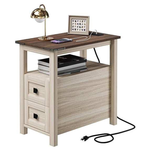 Farmhouse End Table with Charging Station and 2 Drawers, Washed Grey Wood Nightstand Narrow, Skinny Side Table Rustic, Slim Bedside Table, Open Shelf, Small for Bedroom, Living Room, Sofa