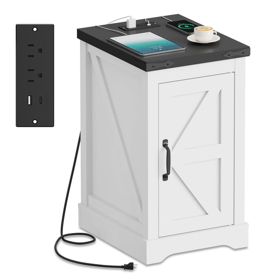 Farmhouse End Table with Charging Station & 2 USB-c Ports | Modern Bedside Table with 2 AC Outlets, Adjustable Shelf, Cable Management | Convenient Power End Table for Bedroom, Living Room