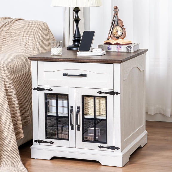 Farmhouse End Table with Charging Station,23.6" Square Side Table with Storage for Living Room,Large Nightstand Bedside Table for Bedroom (Farmhouse, Retro White)