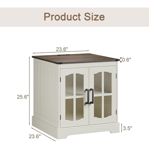 Farmhouse End Table with Charging Station, 24 Inch Large Sofa Side Table with LED Square Nightstand Glass Barn Door Bedside Storage for Living Room Beige Cream and Brown