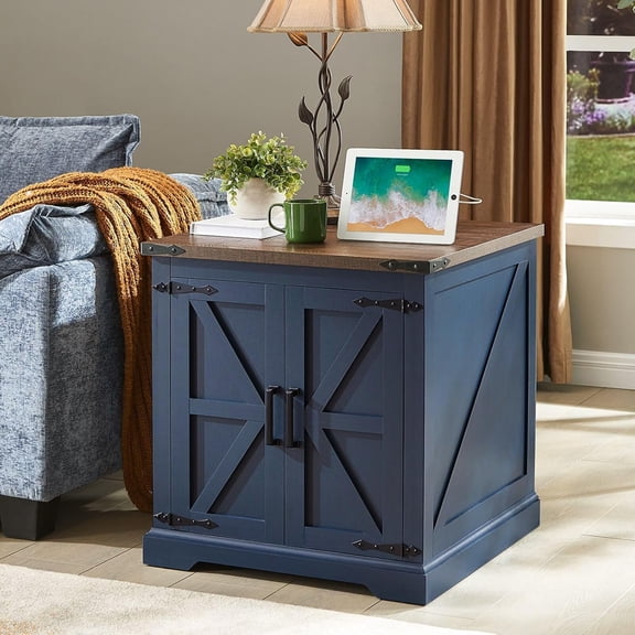 Farmhouse End Table with Charging Station,24" Large Nightstand | Rustic Wood Square Bedside Table, Barn Door, Adjustable Shelf, Large Sofa Side Tables for Bedroom Living Room, Navy Blue