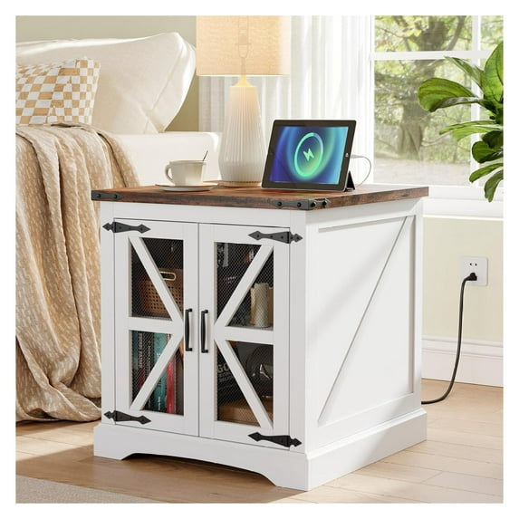 Farmhouse End Table with Charging Station, 24” Large Side Table with Barn Door & Adjustable Storage Shelf, Rustic Wood Square Nightstand Sofa Table for Living Room Bedroom Home White+brown 1PC