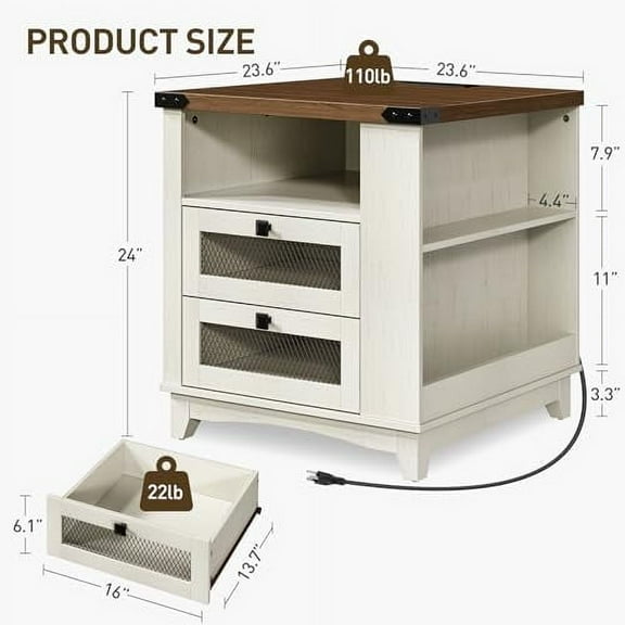 Farmhouse End Table with Charging Station, 24''Large Sofa Side Table with LED Light and 2 Drawers, Square Nightstand with Side Shelves, for Bedroom, Living Room, Office, White and