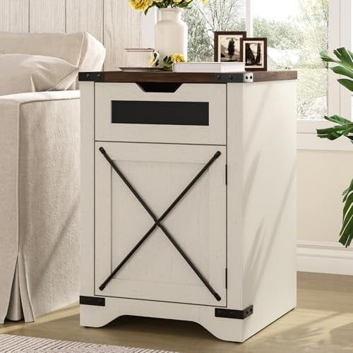 Farmhouse End Table with Charging Station, 26.4" Tall Rustic Nightstand ...
