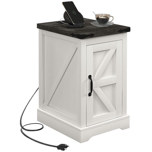 Farmhouse End Table with Storage & Charging Station, Distressed White Side Table for Living Room, Rustic Accent Table with USB Ports, Barn Door Design