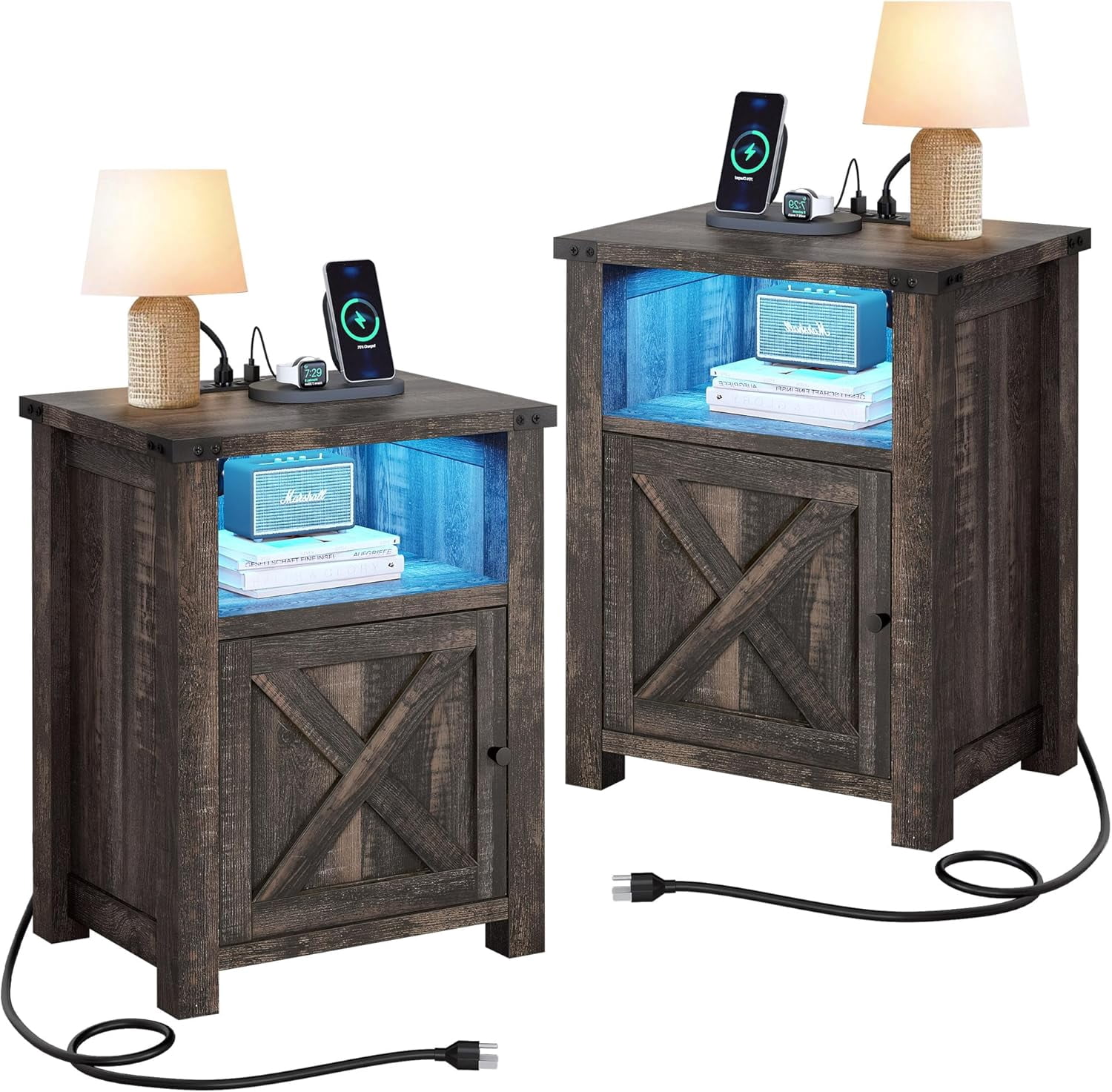EROMMY Farmhouse End Table With Charging Station – Narrow Side Table, Drawer & Cabinet, Adjustable Shelf, White