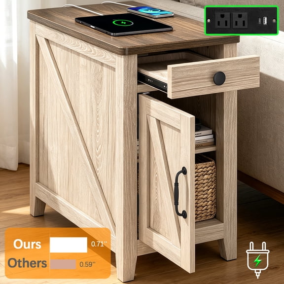 Farmhouse End Table with Charging Station, Narrow Nightstand for Living Room, Small Wooden Sofa Side Table, Bedside Table with Drawer and Storage Cabinet, Wood Night Stand