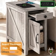 Farmhouse End Table with Charging Station, Narrow Nightstand for Living Room, Small Wooden Sofa Side Table, Bedside Table with Drawer and Storage Cabinet, Rustic Gray