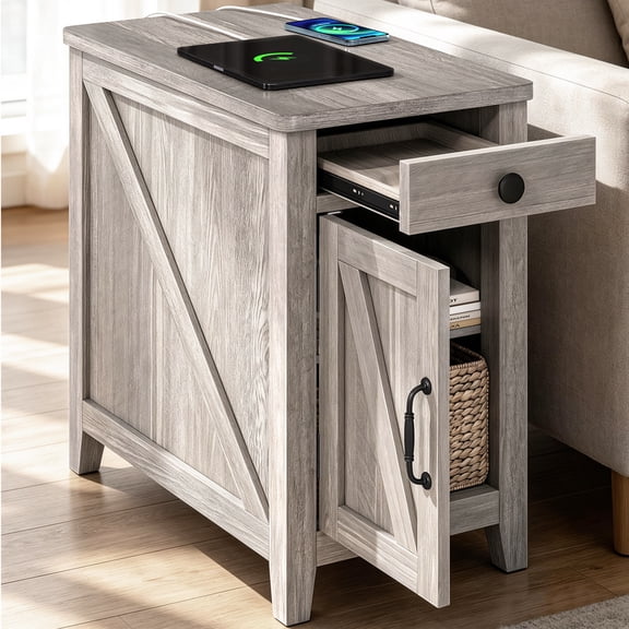 Farmhouse End Table with Charging Station, Narrow Nightstand for Living Room, Small Wooden Sofa Side Table, Bedside Table with Drawer and Storage Cabinet, Rustic Gray