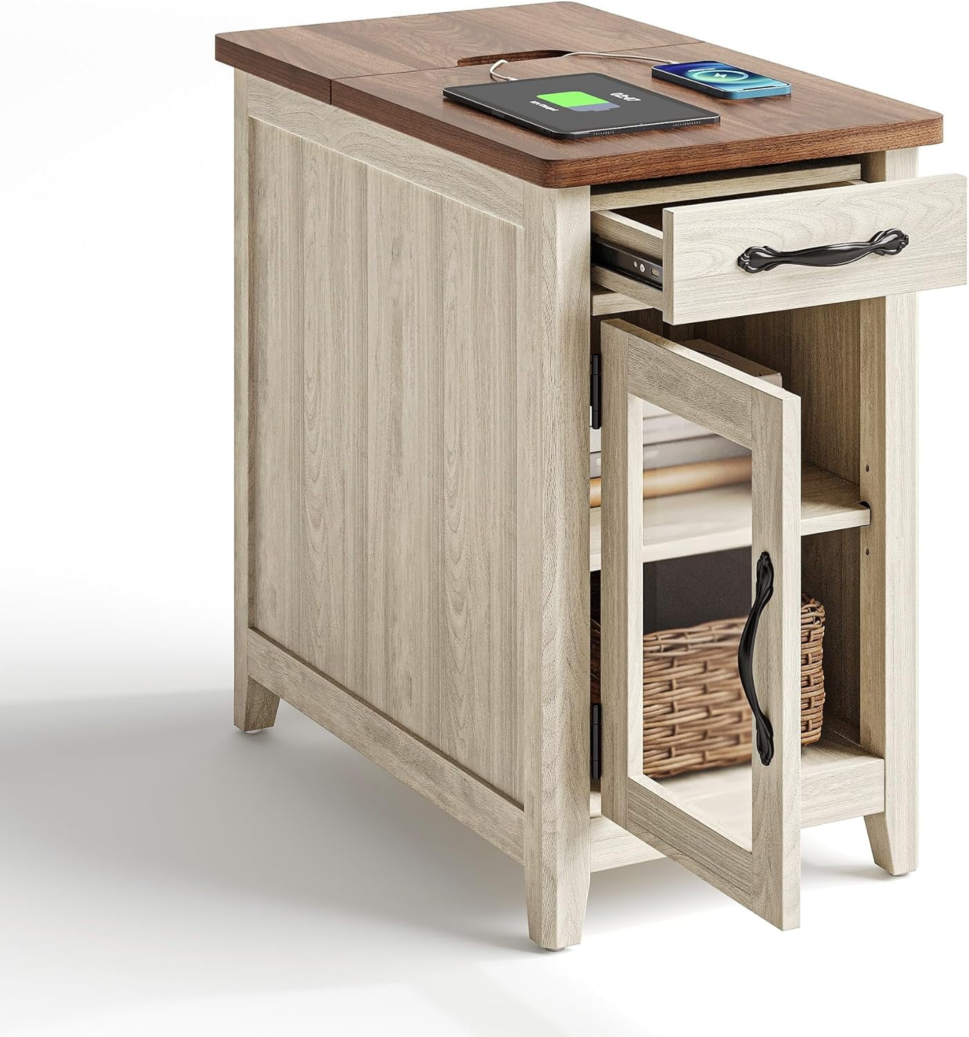 Washed Grey and Brown Farmhouse End Table with Charging Station