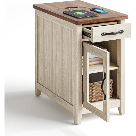 Farmhouse End Table with Charging Station, Narrow Side Table for Living Room, Sofa Side Table with Drawer and Storage Cabinet, Small Nightstand for Bedroom Washed Grey and Brown