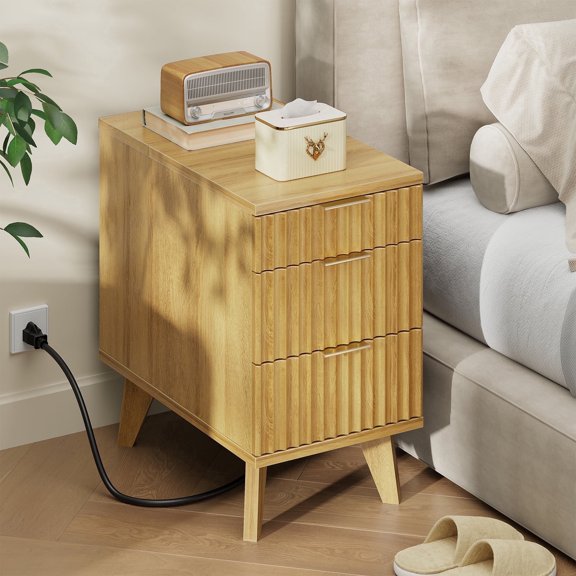 Biemlerfn End Table with Charging Station, Narrow Side Table for Living Room, Sofa Side Table with 3 Drawer and Storage Cabinet, Small Nightstand for Home Office