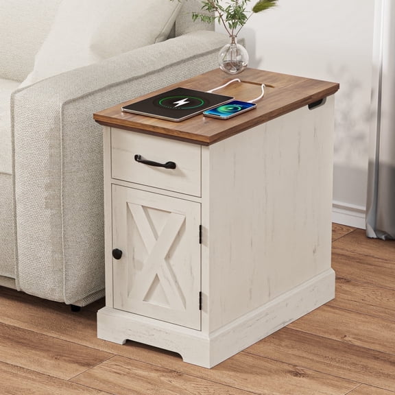 Hommpa Farmhouse End Tables With Charging Station For Living Room, Narrow Sofa Side Table With Storage For Small Spaces, Nightstand Bedside Table With Barn Door For Bedroom, Rustic White