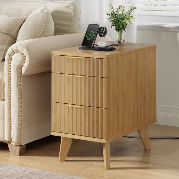 Biemlerfn 3 Drawer Side Table with Charging Station, Narrow End Table with Rear Open Storage Compartment, Wooden Accent Table for Bedroom, Living Room, 5.5FT Power Cord, Natural Wood