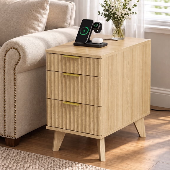 Biemlerfn 3 Drawer Side Table with Charging Station, Narrow End Table with Rear Open Storage Compartment, Wooden Accent Table for Bedroom, Living Room, 5.5FT Power Cord, Natural Wood
