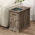 thumbnail image 1 of Hommpa Farmhouse End Tables With Charging Station For Living Room, Narrow Sofa Side Table With Storage For Small Spaces, Nightstand Bedside Table With Barn Door For Bedroom, Light Ivory, 1 of 9