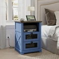 thumbnail image 1 of Farmhouse End Table with Charging Station, Nightstand with 2 Drawers & Open Storage,Sofa Side Table with Mesh Drawers, Design Bedside Table for Living Room, Bedroom, Blue, 1 of 14