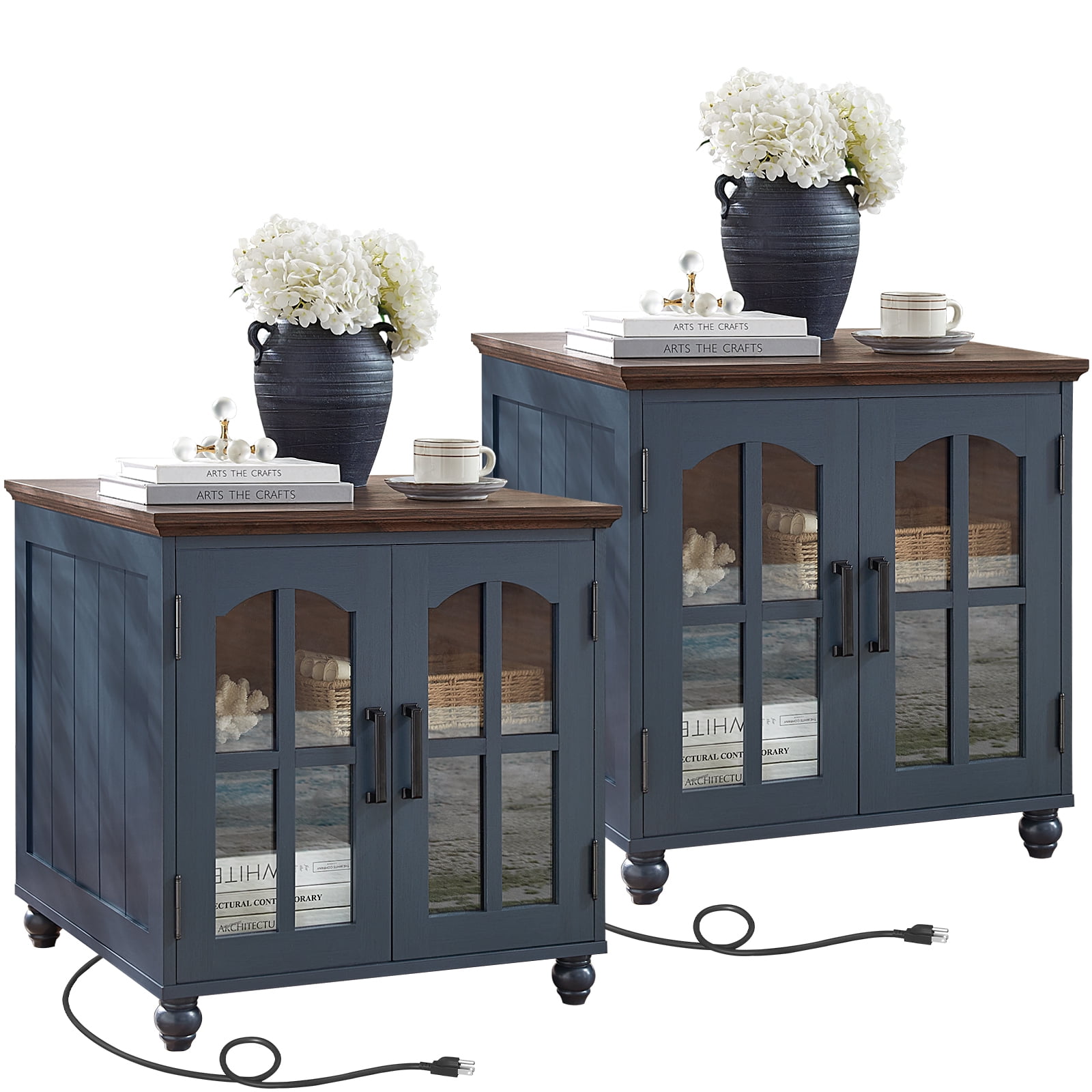 Farmhouse End Table with Charging Station Set of 2, 24" Large Sofa Side Table with Glass Barn Door, Night Stand with Adjustable Shelf, Square Bedside Table for Living Room, Blue