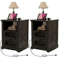 thumbnail image 1 of Farmhouse End Table with Charging Station Set of 2, Nightstand with 2 Drawers & Open Storage,Sofa Side Table with Mesh Drawers, Design Bedside Table for Living Room, Bedroom, Black, 1 of 14