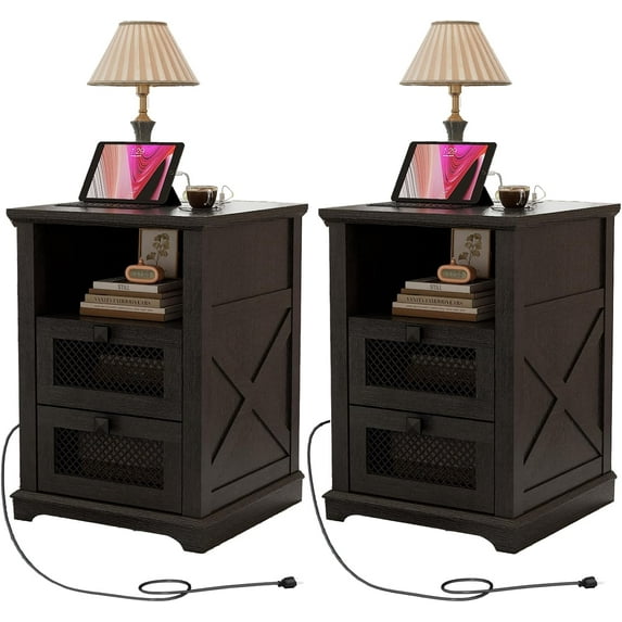Farmhouse End Table with Charging Station Set of 2, Nightstand with 2 Drawers & Open Storage,Sofa Side Table with Mesh Drawers, Design Bedside Table for Living Room, Bedroom, Black