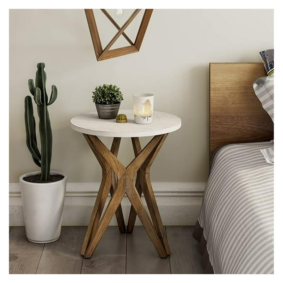 Farmhouse End Table, Distressed White & Walnut - Pedestal Tripod Bedside Table - Modern Boho Living Room Decor - Round Accent Table