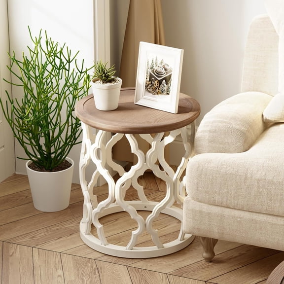 Farmhouse End Table, French Country Side Table with Distressed Tray Top, Curved Drum Frame for Boho, Rustic Decor, Round, White