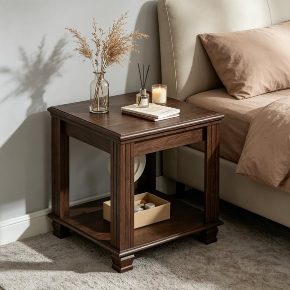 Farmhouse End Table, Large Side Table with 2-Tier Storage Shelf, Rustic Brown End Table for Living Room, Square Tea Table, Walnut