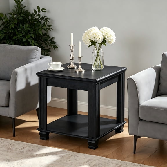 Farmhouse End Table, Large Side Table with 2-Tier Storage Shelf, Rustic Wood End Table for Living Room, Square Tea Table, Black