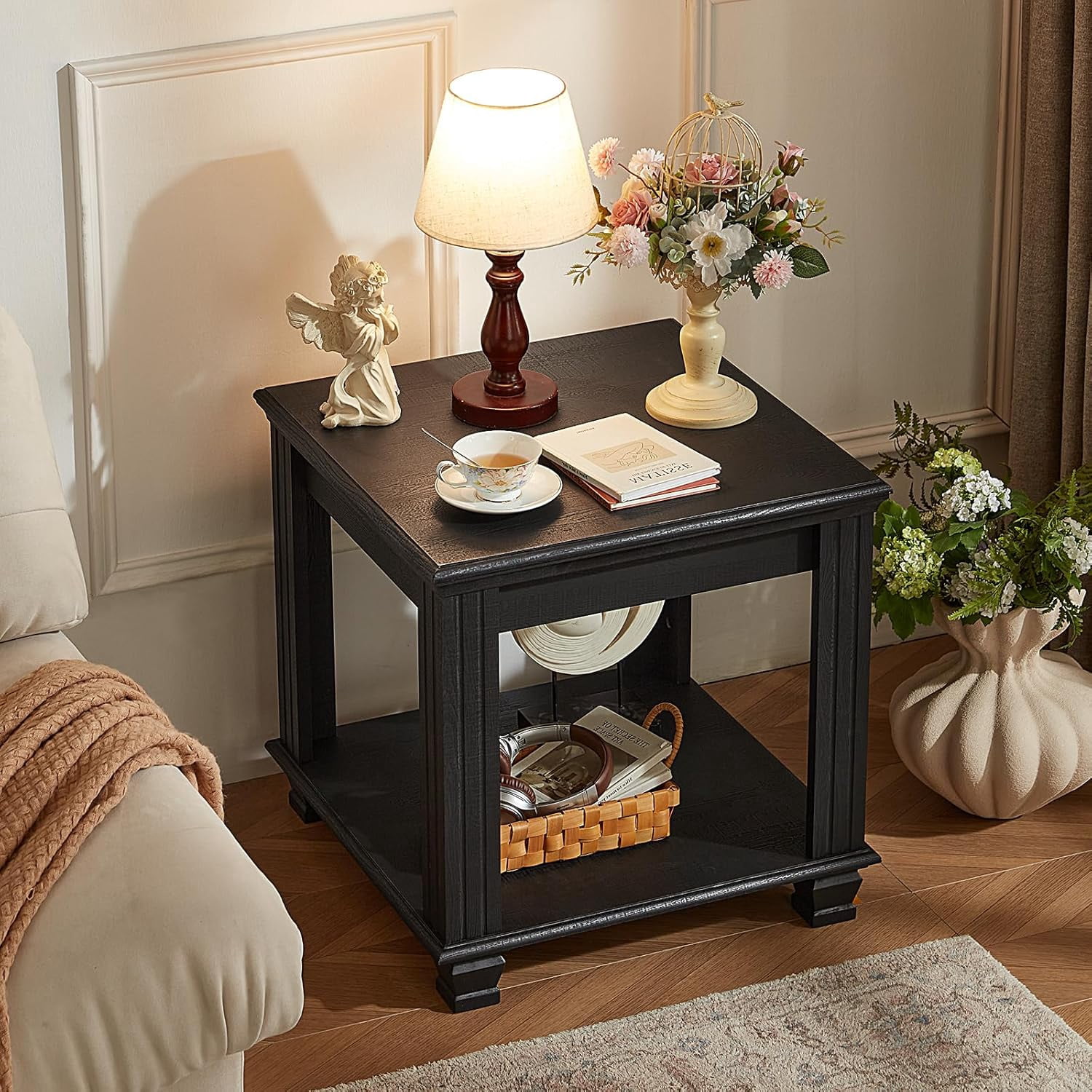 Farmhouse End Table,Large Side Table with 2-Tier Storage Shelf,Rustic ...