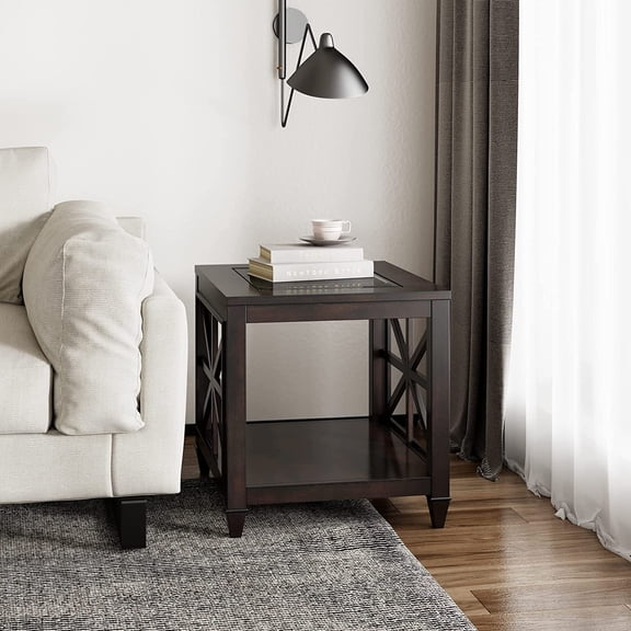 Farmhouse End Table Living Room, Furniture Solid Wood Square Large Side Tables with Storage Chairside Coffee Table Tempered Glass Top Design Industrial Vintage Walnut