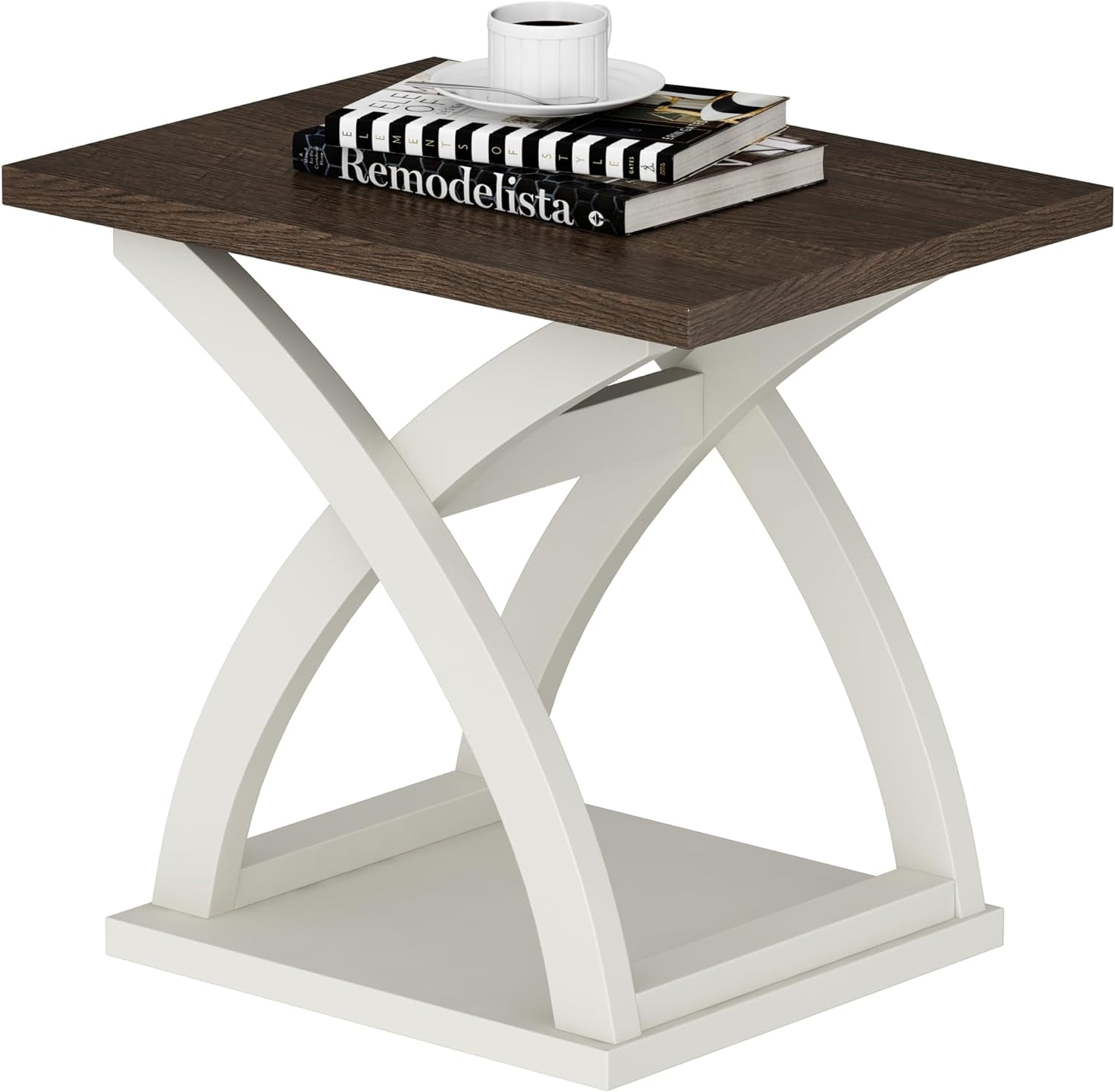 White and Brown MDF X-Design Modern End Table with Storage Shelf