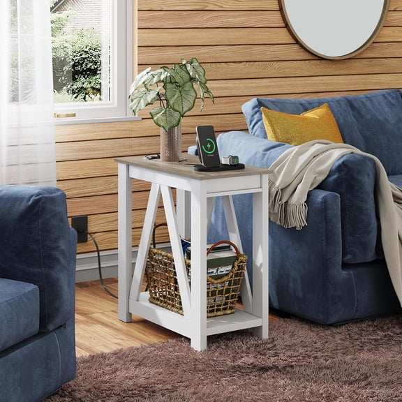 Farmhouse End Table, Narrow Side Table with Charging Station, Slim End Table, Side Table for Bedroom, Living Room, Small Spaces, with 2 USB and 2 Power Outlets, 11.8" D x 23.6" W x 23.74" H