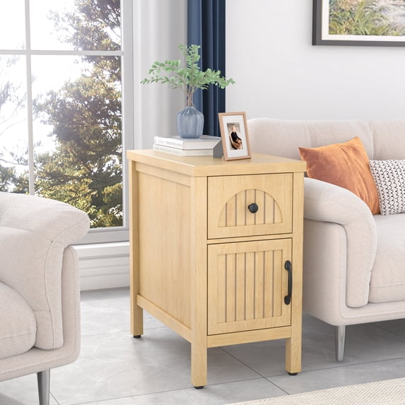 Farmhouse End Table, Narrow Side Table Nightstand with Door and Drawer, Living Room, Natural