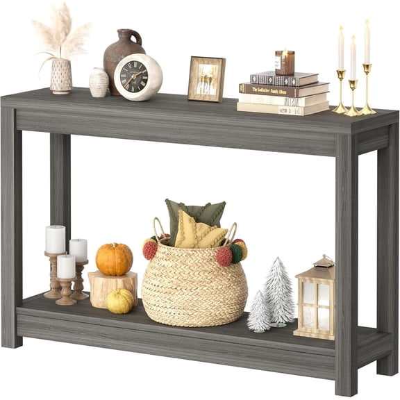 Farmhouse End Table, Narrow Side Table, Slim End Table with Storage Shelf, Small Console Table for Small Spaces, Nightstand Sofa Table for Living Room, Bedroom, 24" Embossed Wood Grain Black