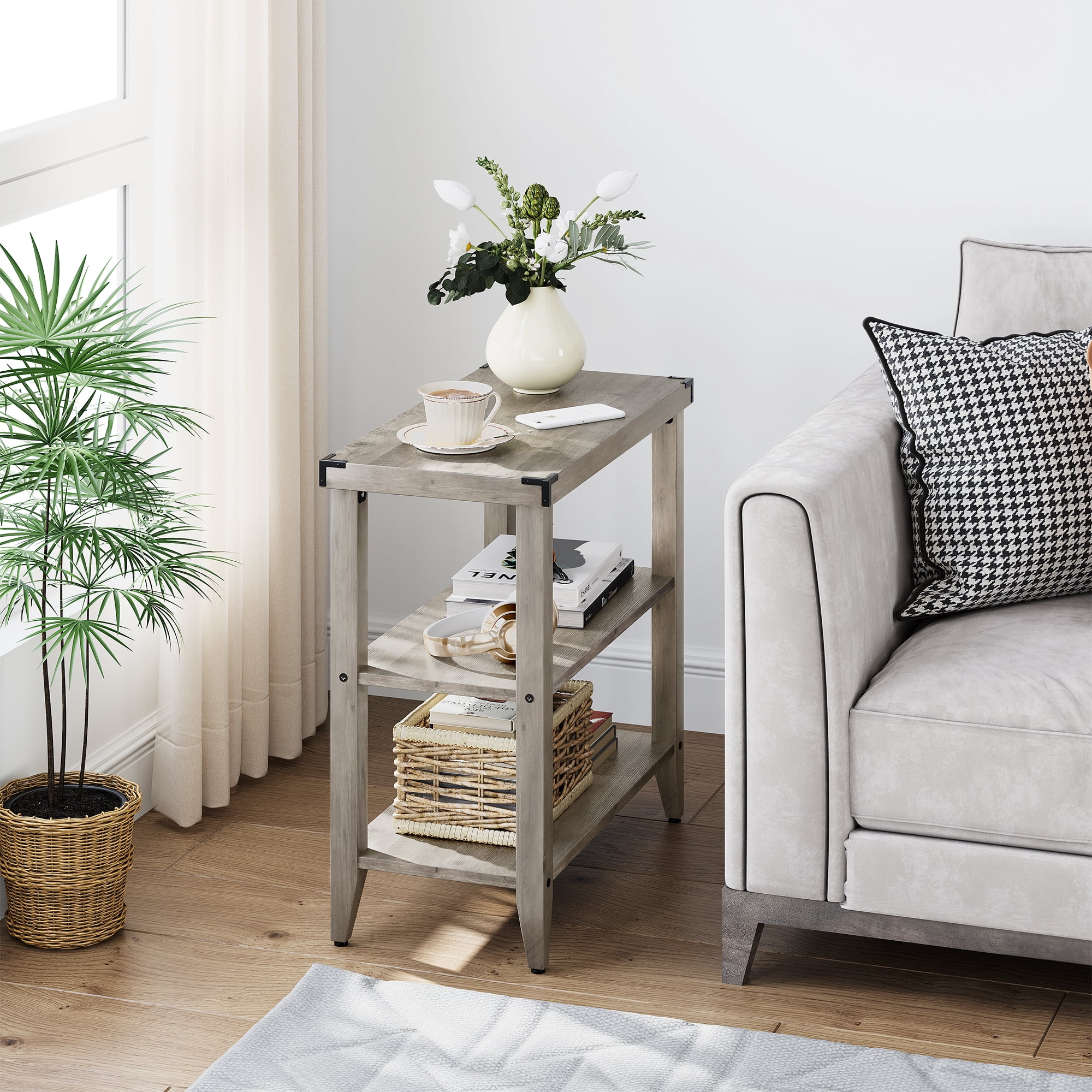 Farmhouse End Table Rustic Side Table with Storage Shelf for Small ...