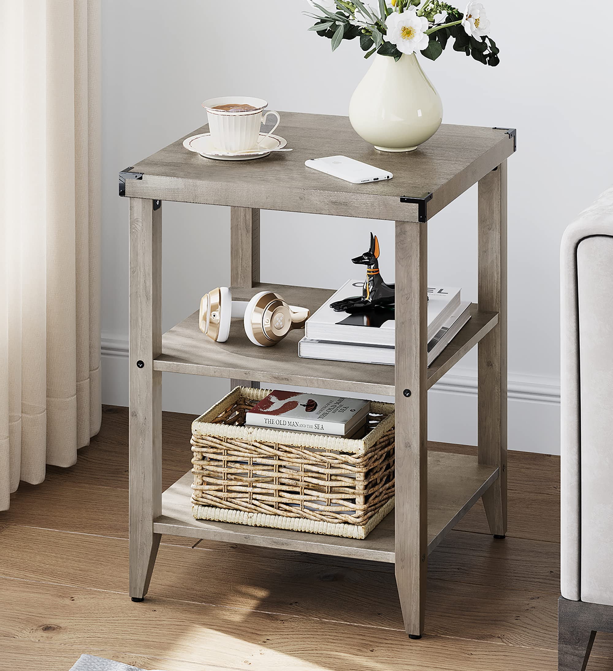 Farmhouse End Table Rustic Side Table with Storage Shelf for Small ...
