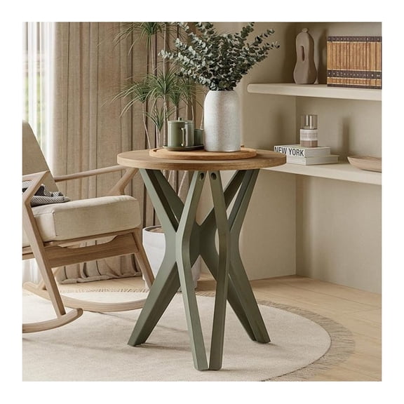 Farmhouse End Table - Sage Green Round Tripod Bedside Table for Living Room - Modern Boho Accent Table with Distressed Top