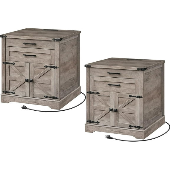 Farmhouse End Table Set of 2, 24'' Sofa Side Table with 2 Drawers and Barn Door, Large Rustic Wooden Square Nightstand for Bedroom, Living Room, Greige
