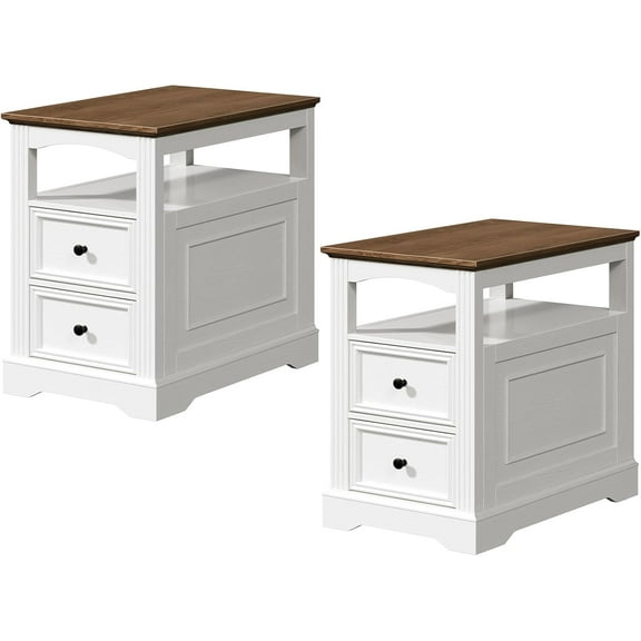 Farmhouse End Table Set of 2, Narrow Sofa Side Table with 2 Drawers and Open Shelf, Wooden Nightstand with Storage for Small Spaces, Bedroom, Living Room, White and Walnut