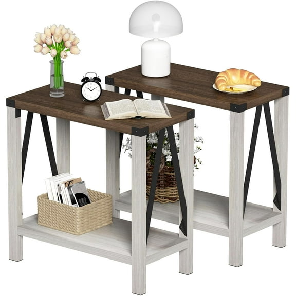 Farmhouse End Table Set of 2, Narrow Side End Table with Storage Shelf, Rustic A-Design Nightstand Sofa Table for Living Room, Bedroom(White&Brown)