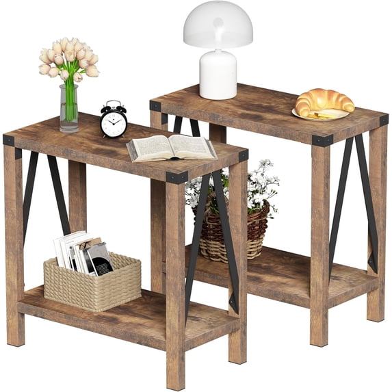 Farmhouse End Table Set of 2, Narrow Side End Table with Storage Shelf, Rustic A-Design Nightstand Sofa Table for Living Room, Bedroom