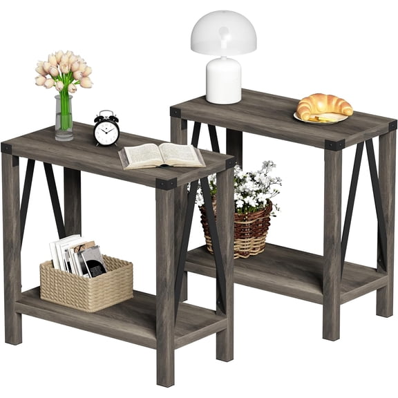 Farmhouse End Table Set of 2, Narrow Side End Table with Storage Shelf, Rustic A-Design Nightstand Sofa Table for Living Room, Bedroom