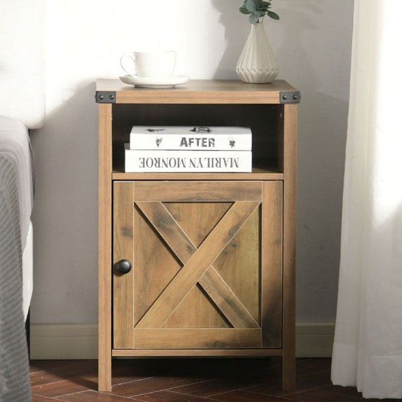 DreamCurship Farmhouse Storage Oak Rectangle End Table, Brown (Set of 2)