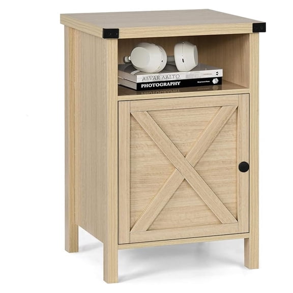 Farmhouse End Table, Side Table, Nightstang, End Table with Barn Door and Shelf, Rustic Modern Bed Night Stand for Bedroom, Living Room, Natural