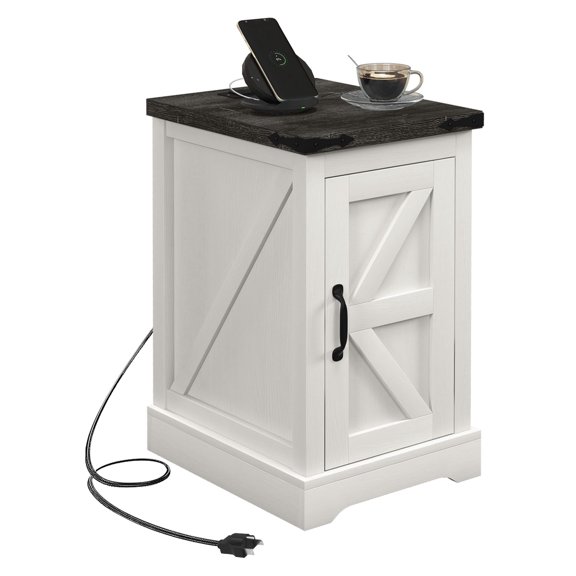 Farmhouse End Table with Storage & Charging Station, Distressed White Side Table for Living Room, Rustic Accent Table with USB Ports, Barn Door Design