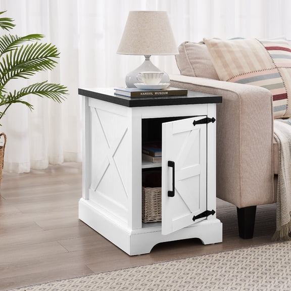 Farmhouse End Table with Barn Door, Rectangular Wood Sofa Side Table with Adjustable Storage Shelf, Rustic Nightstand for Living Room Bedroom, White