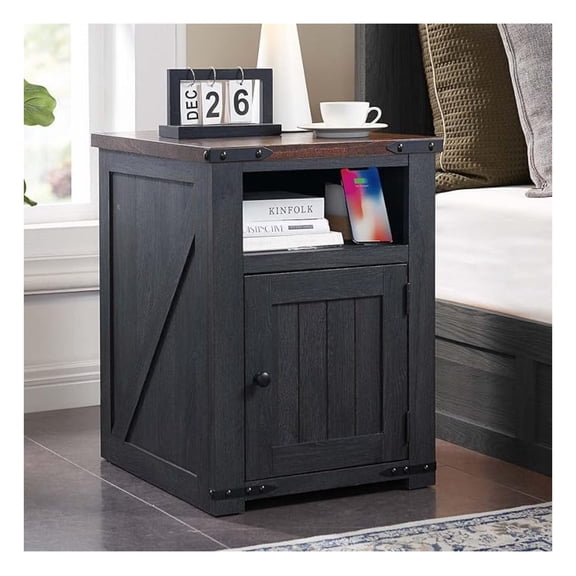 Farmhouse End Table with Charging Station, 20" Nightstand, Rustic Wood Bedside Table with Barn Door & Storage, Living Room Side Table (Dark Grey)