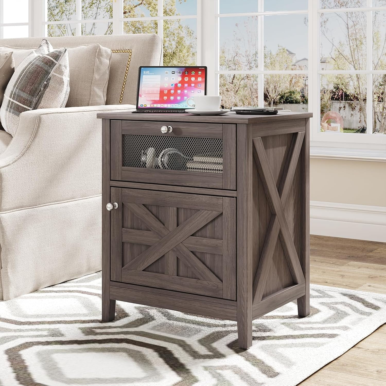 Farmhouse End Table with Charging Station & Drawer,Grey Nightstand with ...