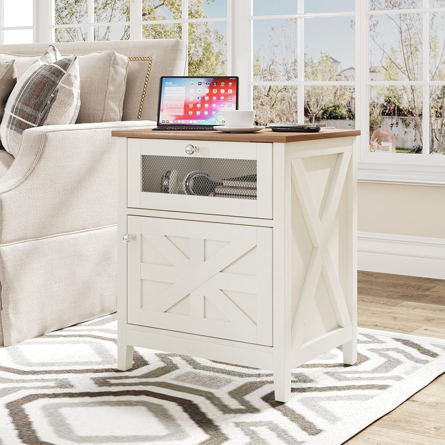 Farmhouse End Table with Charging Station & Drawer,White Nightstand ...